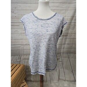 T By‎ Talbots Shirt Women's LP White Blue Cut Out Ruched Cotton Blend Stretch